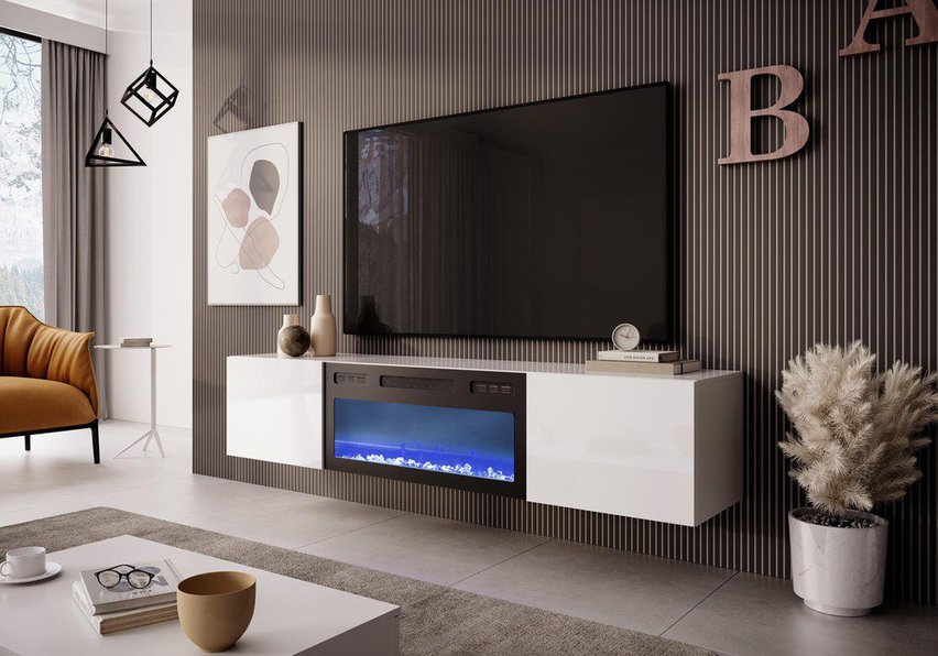 Wabova TV cabinet hanging 180 cm with built-in fireplace white