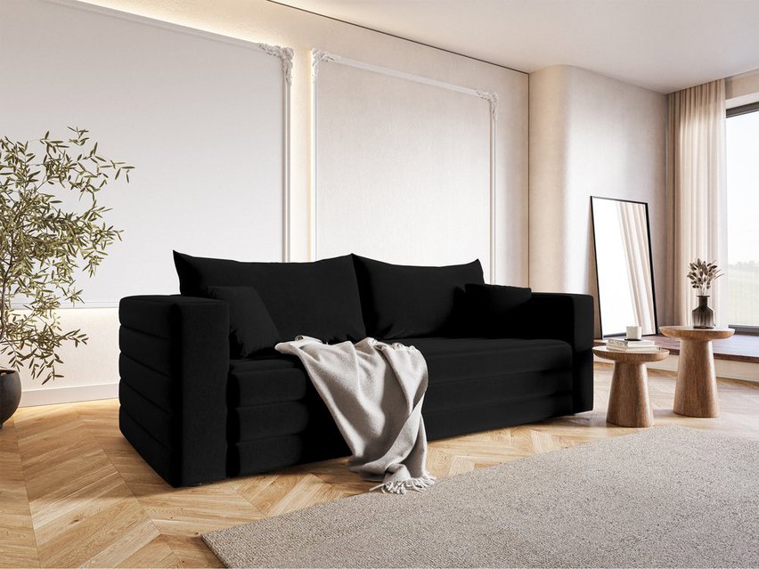 Three-seater sofa Lilla Amon 13 with a container in hydrophobic velor fabric, black legs