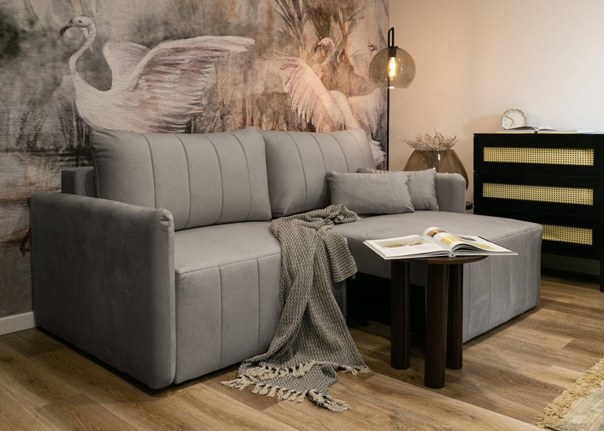 Pierre fold-out corner sofa with storage, light gray hydrophobic velvet