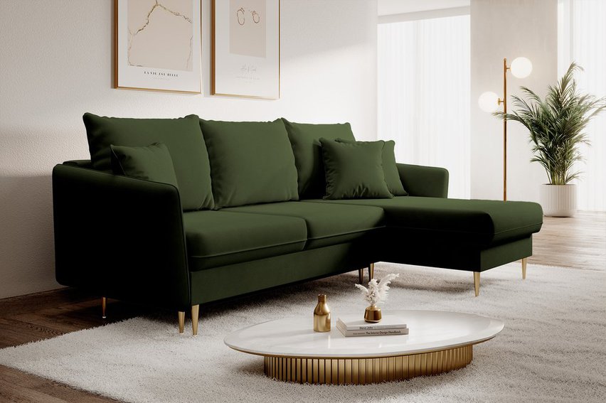 Volio velvet corner sofa with sleeping function, hydrophobic, golden legs