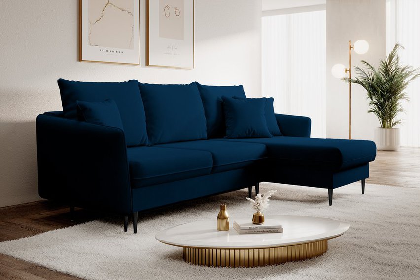 Volio velvet corner sofa with sleeping function, hydrophobic, black legs