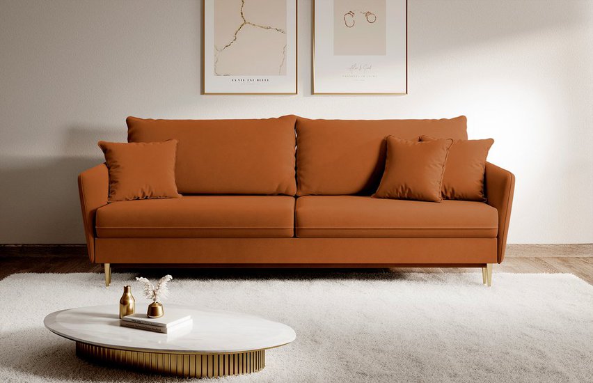 Volio Magic Velvet 2286 three-seater sofa, copper, hydrophobic velvet, gold legs