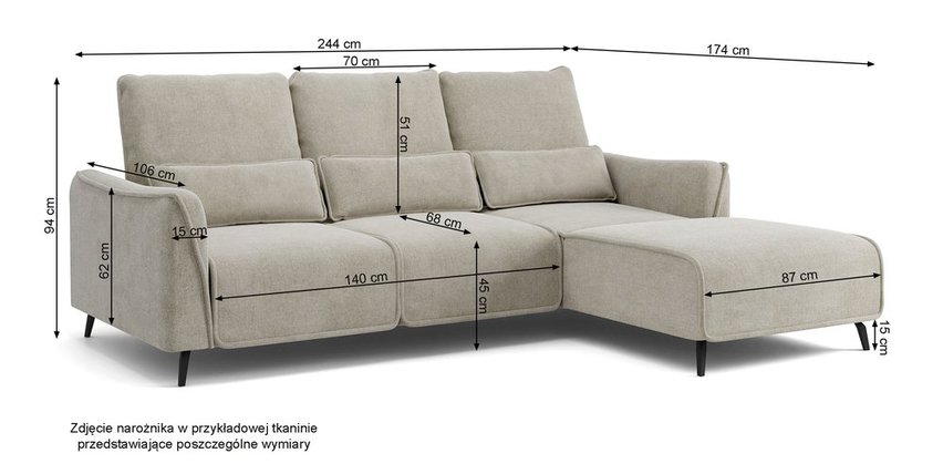 Rumbia L-shaped corner sofa Storm 85 black legs right-hand side