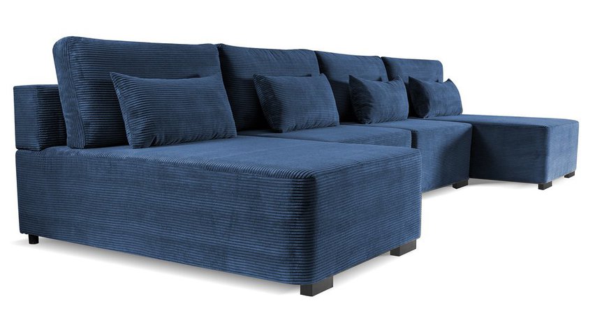 Corner sofa with sleeping function Moduliano U-shaped large with container universal navy blue corduroy