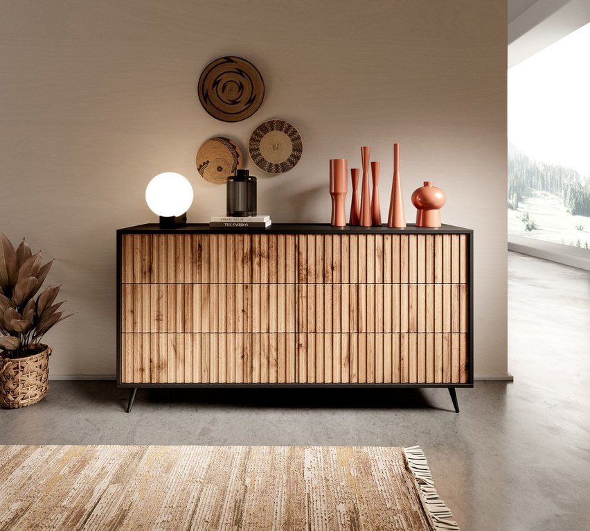 Bello six-drawer chest of drawers, wotan oak, with black legs