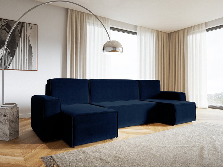 Copertino U-shaped corner sofa with sleeping function with storage, universal, navy blue, hydrophobic velvet