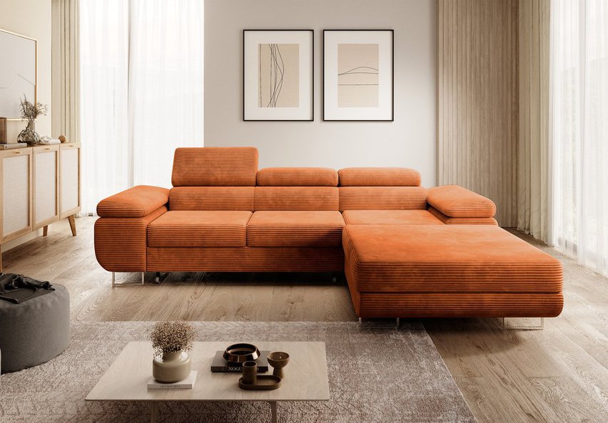 Ganta L-shaped corner sofa with sleeping function with Poso 40 container, right-hand corduroy