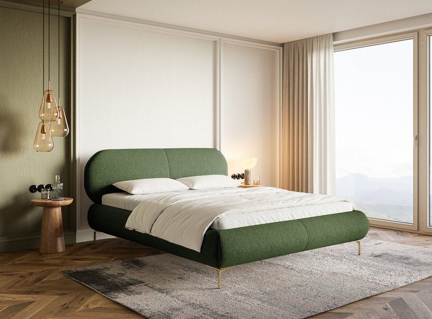 Upholstered bed 140x200 cm Ovalle with storage, metal frame, olive green, hydrophobic braid, gold legs