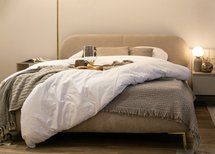 Upholstered bed 140x200 cm Ovalle with storage, metal frame, beige chenille, gold legs