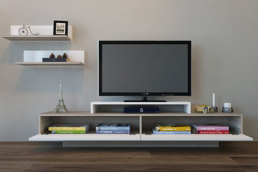 Solenis white TV cabinet with cordoba elements and two wall shelves