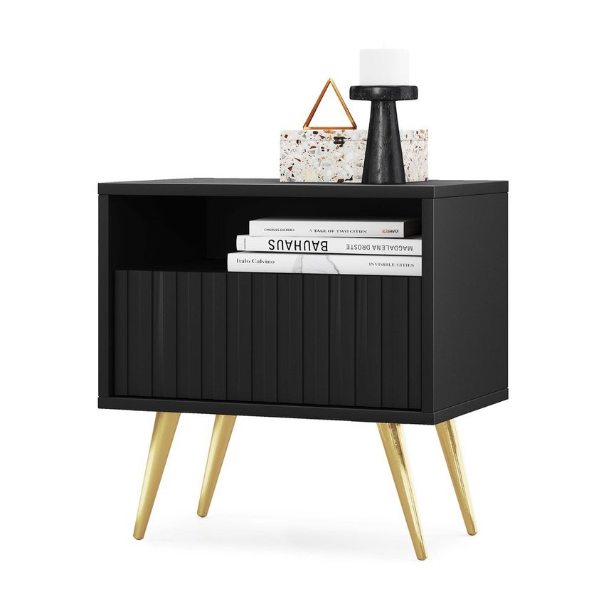 Bello bedside table with a drawer with a lamella front, black and gold legs