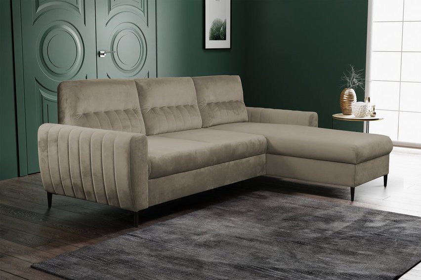 Corner sofa bed Laretta L-shaped with storage (Fabric: Velluto 03, Side: Right)