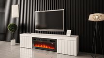 Kalva TV cabinet 180 cm with electric fireplace, white gloss, lamellas