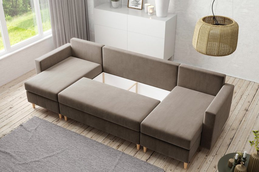 Corner sofa with sleeping function Lengtor U-shaped with container universal Paros 03 velour