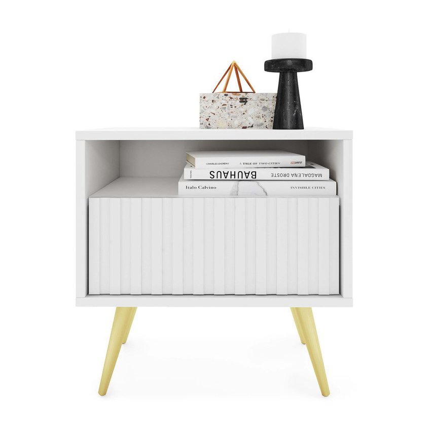 Bello bedside table with a drawer with a lamel front, white and gold legs