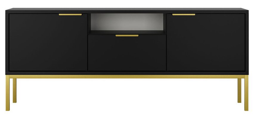 Diargo 135 cm two-door TV cabinet with a drawer and a recess, black on a gold frame