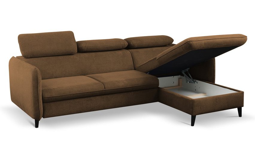 Corner sofa with sleeping function Drene Sally 04 with a container in a hydrophobic fabric, velvet legs, black, right-hand side