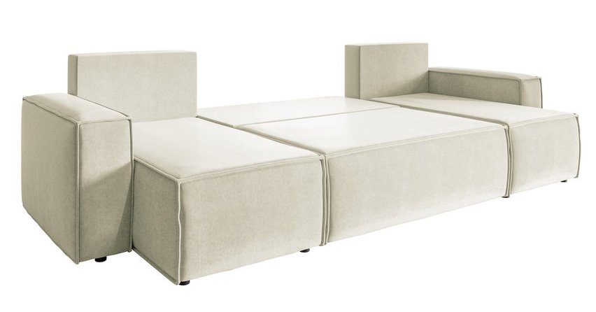 Copertino U-shaped corner sofa with sleeping function with storage, universal cream hydrophobic velvet