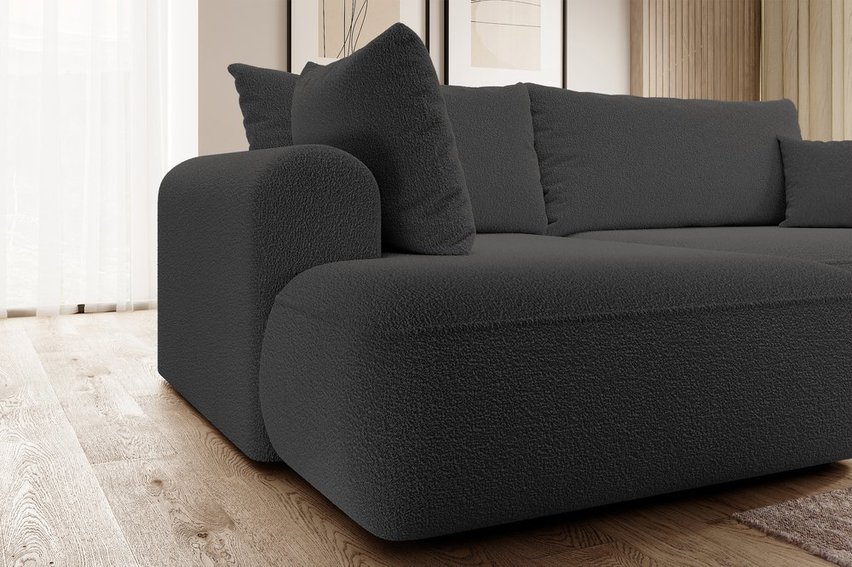 Ovo II L-shaped corner sofa with sleeping function Abriamo 08 with side panel and left-sided boucle container