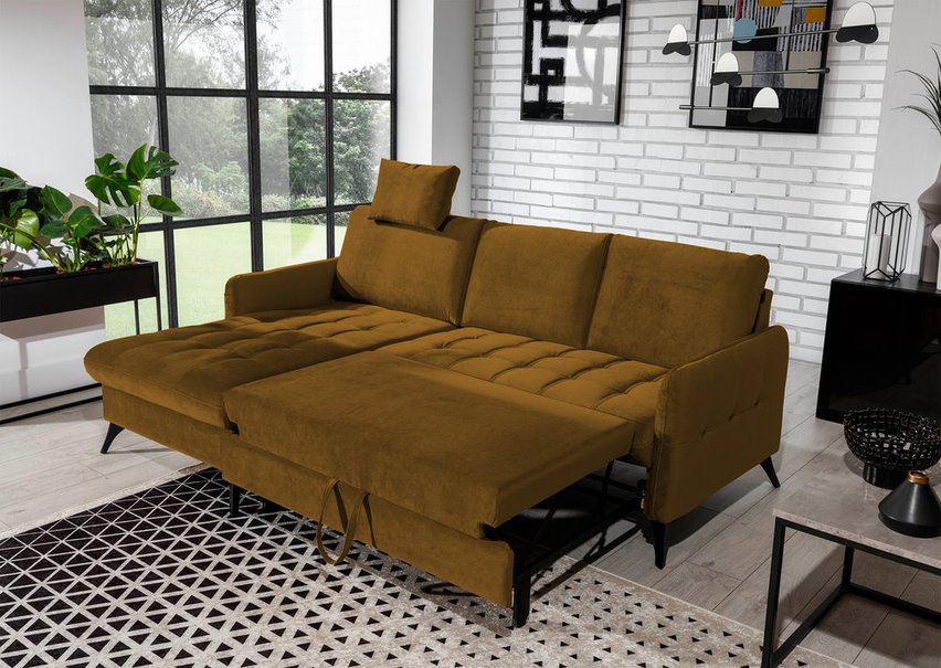 Corner sofa with sleeping function Casotti L-shaped with container and adjustable headrest mustard velour hydrophobic left-hand side