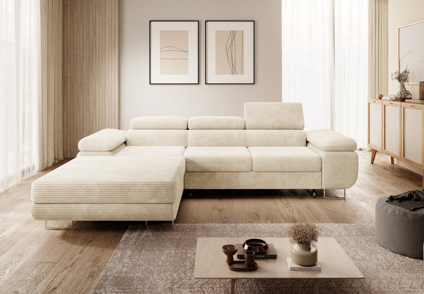 Ganta L-shaped corner sofa with sleeping function with container Poso 105 left-hand corduroy