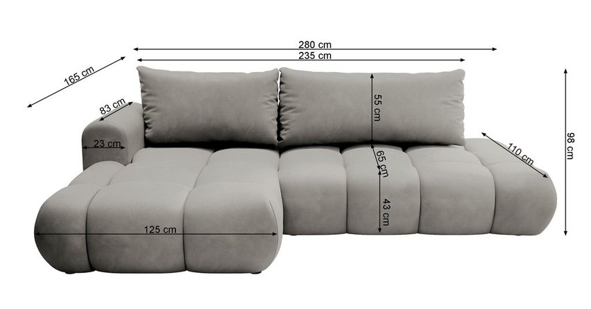Canapé d'angle Ombo en L avec fonction couchage avec conteneur Salvador 01, velours hydrophobe, côté droit