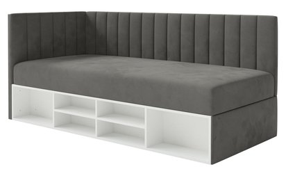 Youth bed 90x200 cm Ventrio left side with container and shelves purple hydrophobic velvet easy to clean