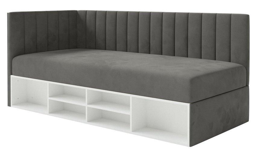Youth bed 90x200 cm Ventrio left side with container and shelves purple hydrophobic velvet easy to clean