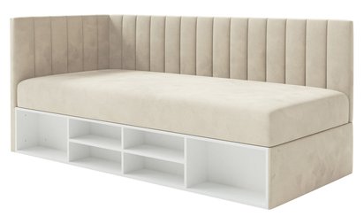 Youth bed 90x200 cm Ventrio left side with container and shelves navy blue hydrophobic velvet easy to clean
