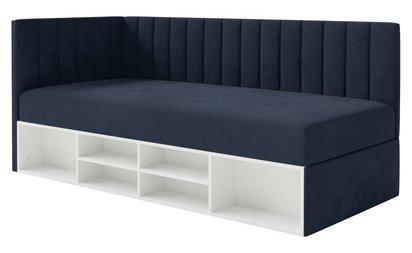Youth bed 90x200 cm Ventrio left side with container and shelves light beige hydrophobic velvet easy to clean