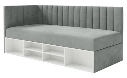 Youth bed 90x200 cm Ventrio left side with container and shelves gray hydrophobic velvet easy to clean