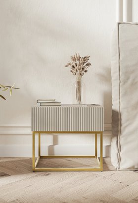 Veldio bedside table with milled front and drawer 50 cm Gray beige with gold legs