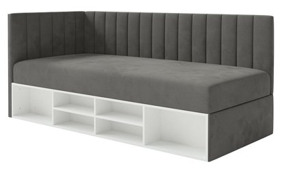 Youth bed 90x200 cm Ventrio left side with container and shelves purple hydrophobic velvet easy to clean