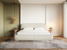 Upholstered bed 140x200 cm Ovalle, light beige, hydrophobic braid, gold legs
