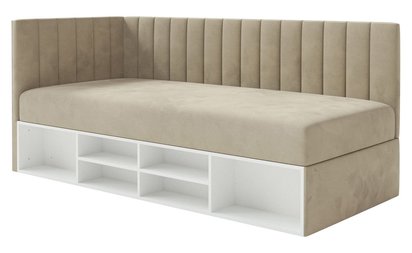 Youth bed 90x200 cm Ventrio left side with container and shelves, gray-beige, hydrophobic, easy-cleaning velvet