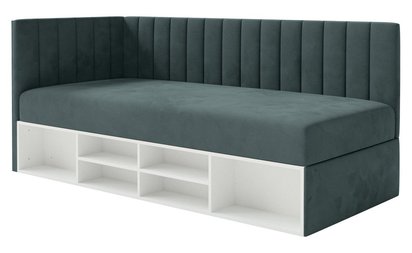 Youth bed 90x200 cm Ventrio left side with container and shelves blue-gray hydrophobic velvet easy to clean