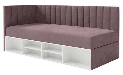 Youth bed 90x200 cm Ventrio left side with container and shelves dark gray hydrophobic velvet easy to clean