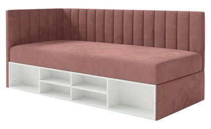 Youth bed 90x200 cm Ventrio left side with container and shelves pink hydrophobic velvet easy to clean