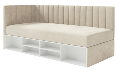 Youth bed 90x200 cm Ventrio left side with container and shelves navy blue hydrophobic velvet easy to clean