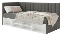 Youth bed 90x200 cm Ventrio left side with container and shelves purple hydrophobic velvet easy to clean