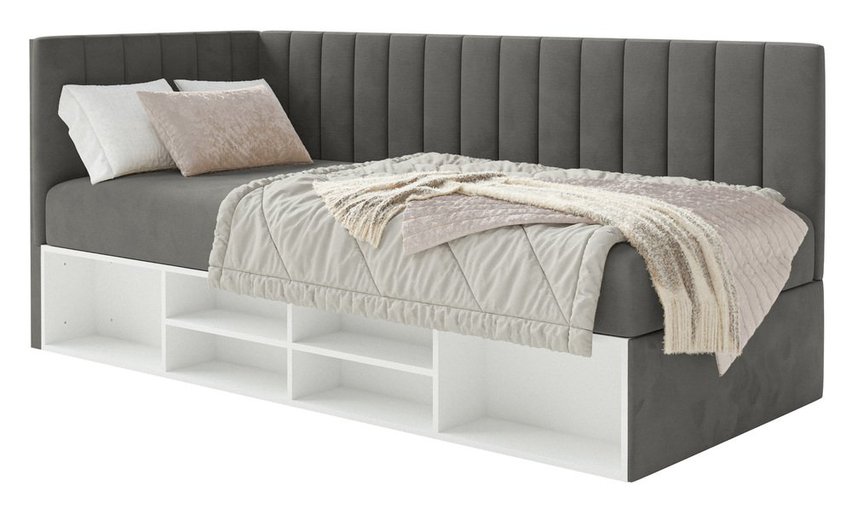 Youth bed 90x200 cm Ventrio left side with container and shelves purple hydrophobic velvet easy to clean