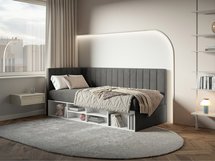 Youth bed 90x200 cm Ventrio left side with container and shelves purple hydrophobic velvet easy to clean