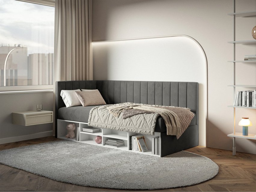 Youth bed 90x200 cm Ventrio left side with container and shelves purple hydrophobic velvet easy to clean