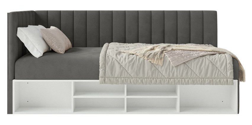 Youth bed 90x200 cm Ventrio left side with container and shelves purple hydrophobic velvet easy to clean