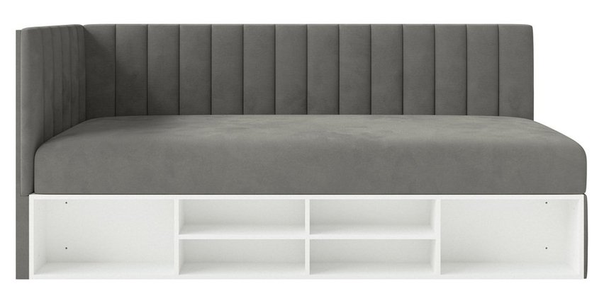 Youth bed 90x200 cm Ventrio left side with container and shelves purple hydrophobic velvet easy to clean