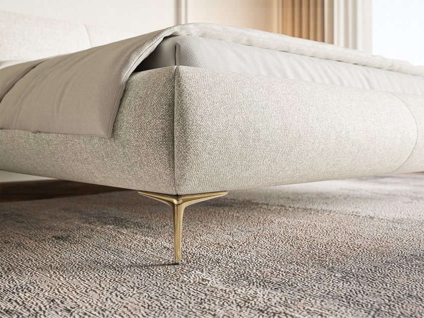 Upholstered bed 140x200 cm Ovalle, light beige, hydrophobic braid, gold legs