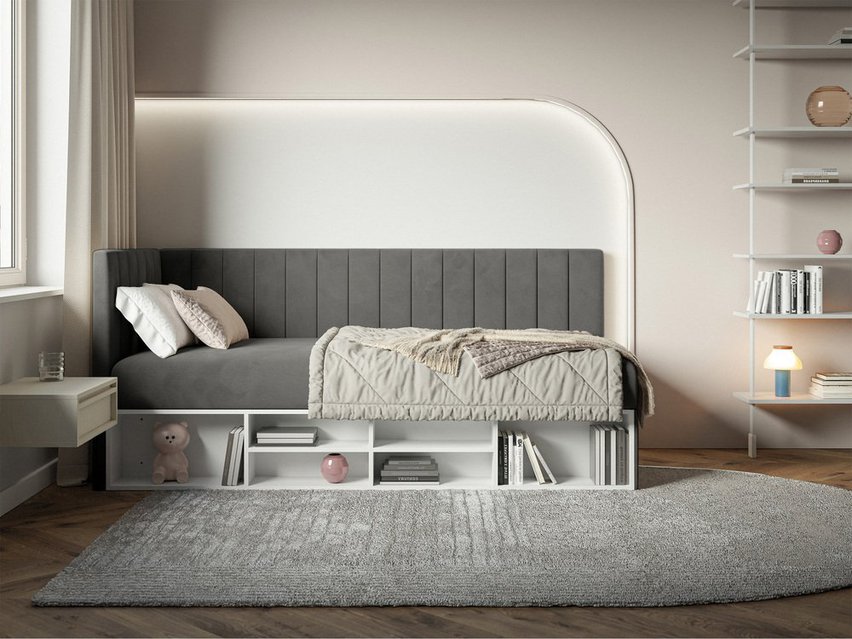 Youth bed 90x200 cm Ventrio left side with container and shelves purple hydrophobic velvet easy to clean