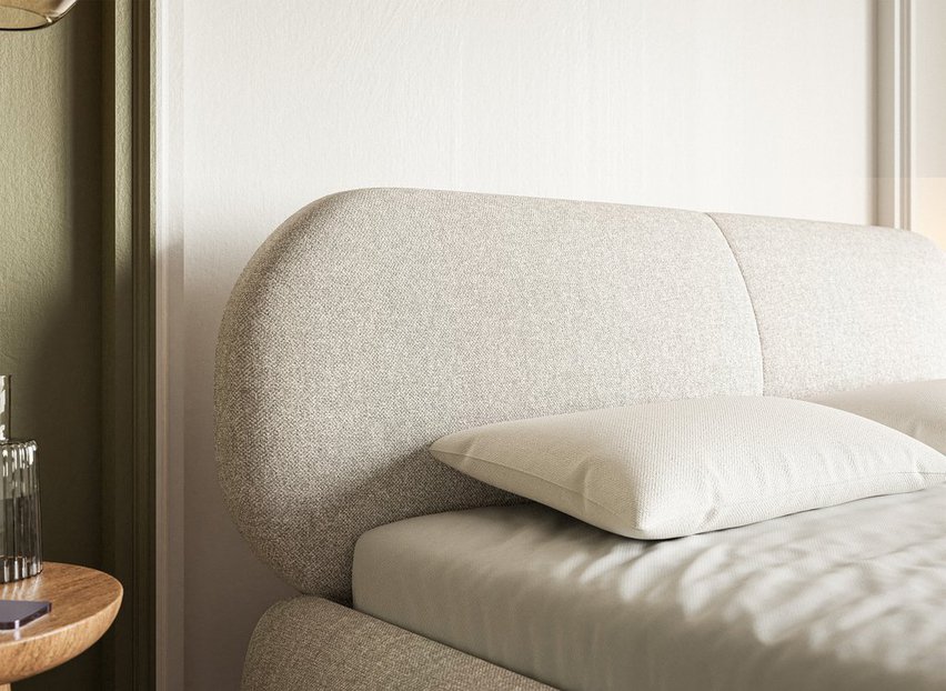Upholstered bed 140x200 cm Ovalle, light beige, hydrophobic braid, gold legs