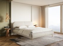 Upholstered bed 140x200 cm Ovalle, light beige, hydrophobic braid, gold legs